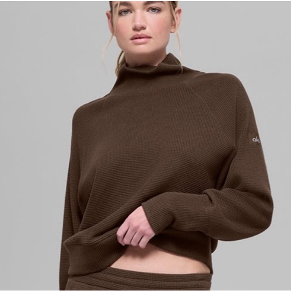 ALO Waffle Weekend Escape Mock Neck Long Sleeve Size Large Espresso Brown - Picture 3 of 12